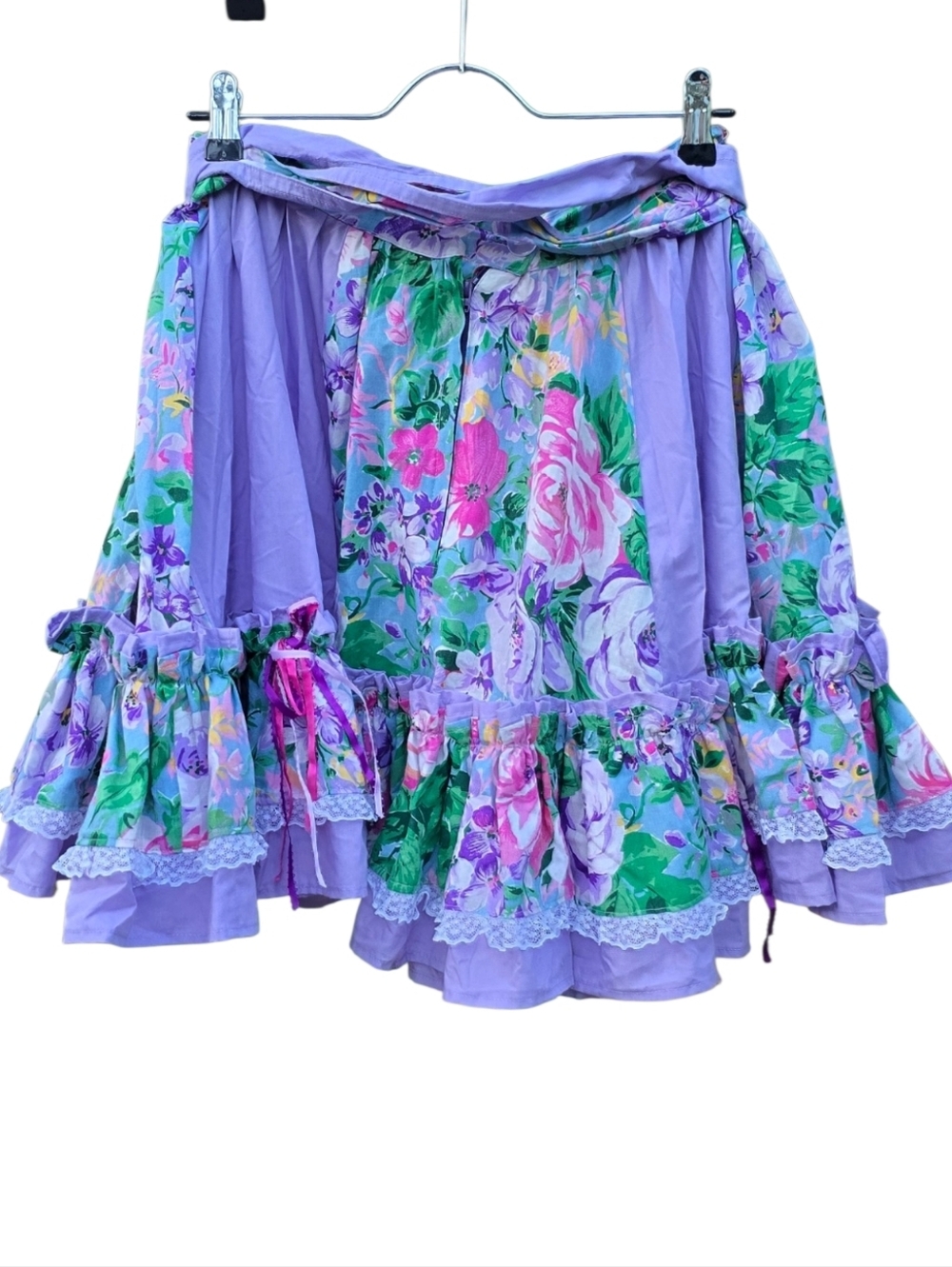Vintage 80s 90s Floral Pastel Ruffle Mini Skirt Cottagecore Lavender Lace - Picture 4 of 9